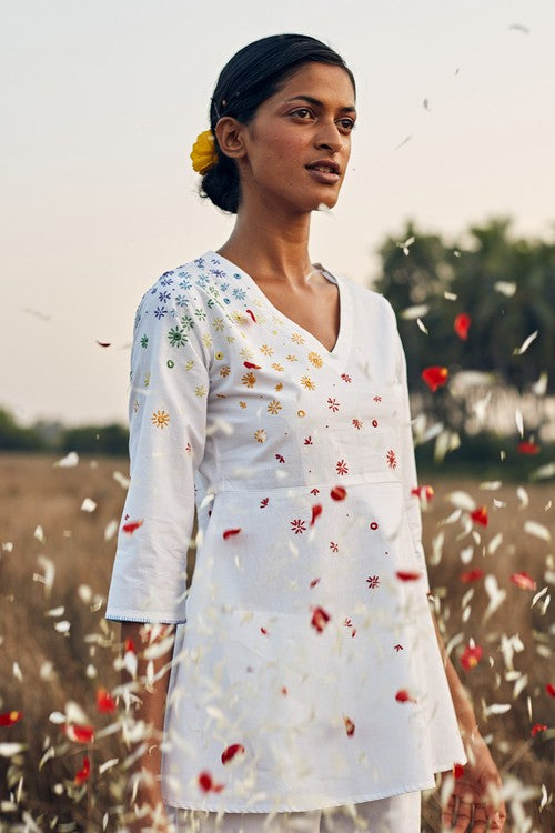 Okhai 'Melange' Hand Embroidered Mirror Work Pure Cotton Short Top | Rescue