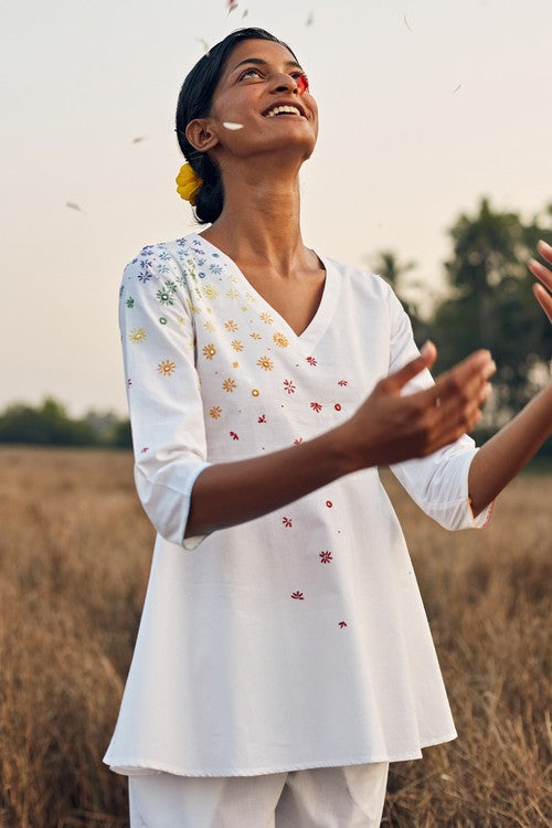 Okhai 'Melange' Hand Embroidered Mirror Work Pure Cotton Short Top | Rescue