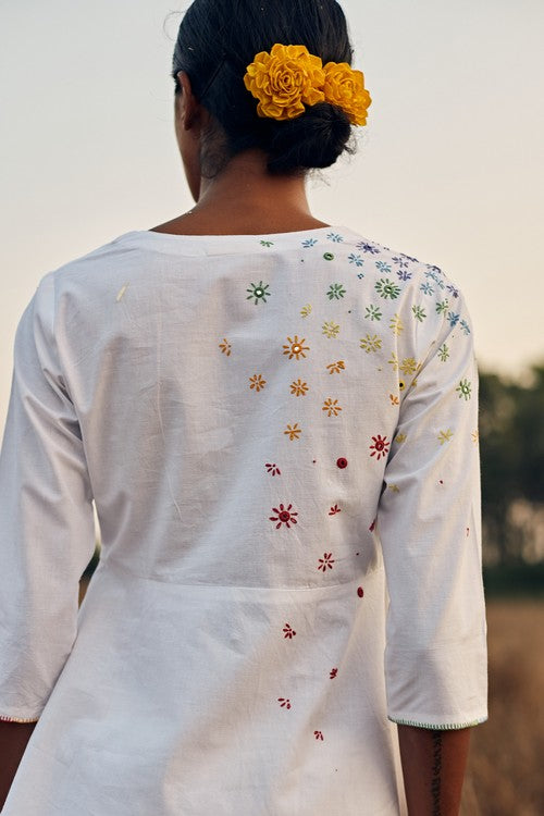 Okhai 'Melange' Hand Embroidered Mirror Work Pure Cotton Short Top | Relove