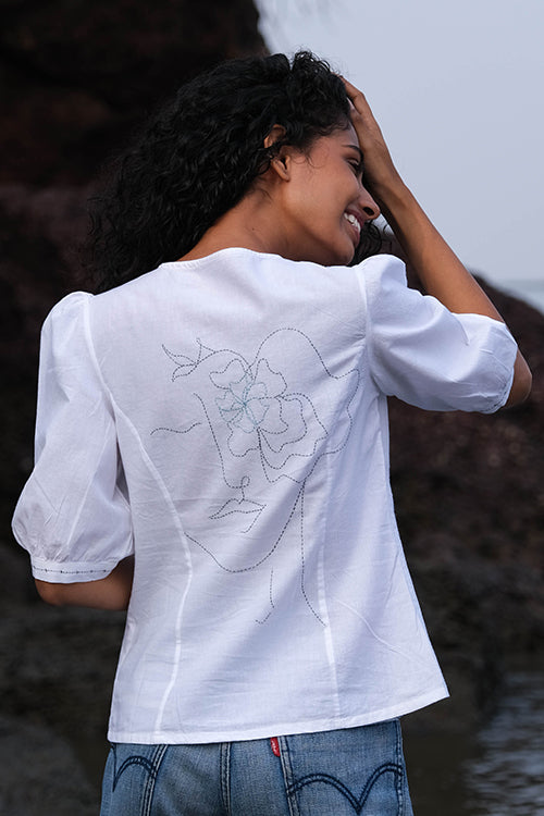 Okhai 'Hollyhock' Hand Embroidered Pure Cotton Top | Rescue