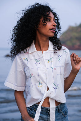  White Bouquet Hand Embroidered White Summer Shirt For Women Online