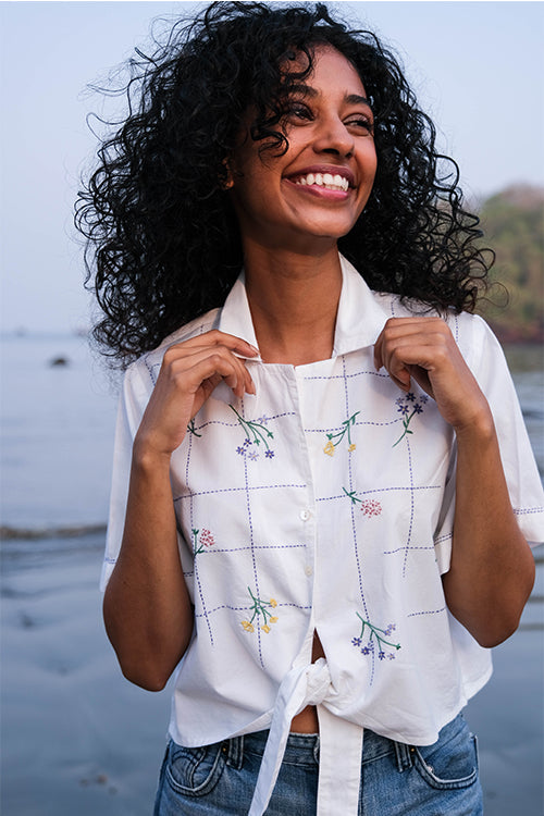  White Bouquet Hand Embroidered White Summer Shirt For Women Online