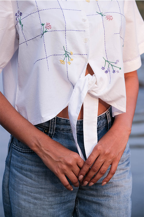 Okhai 'White Bouquet' Hand Embroidery Work Shirt | Rescue