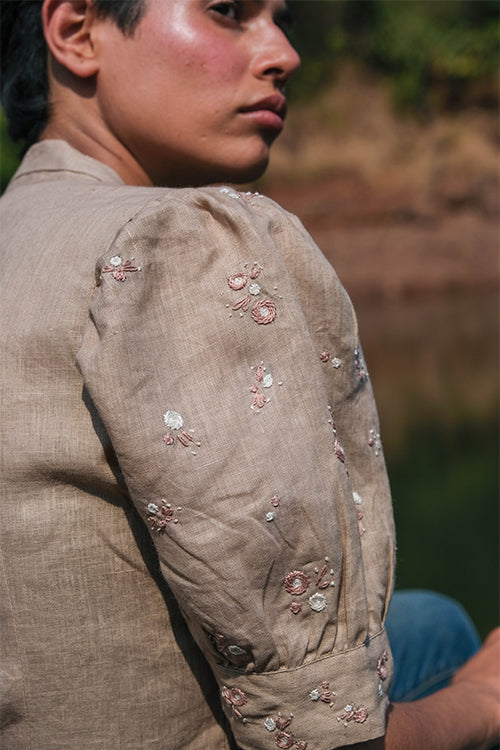 Okhai 'Mandana' Linen Hand Embroidered Mirror Work Shirt | Relove