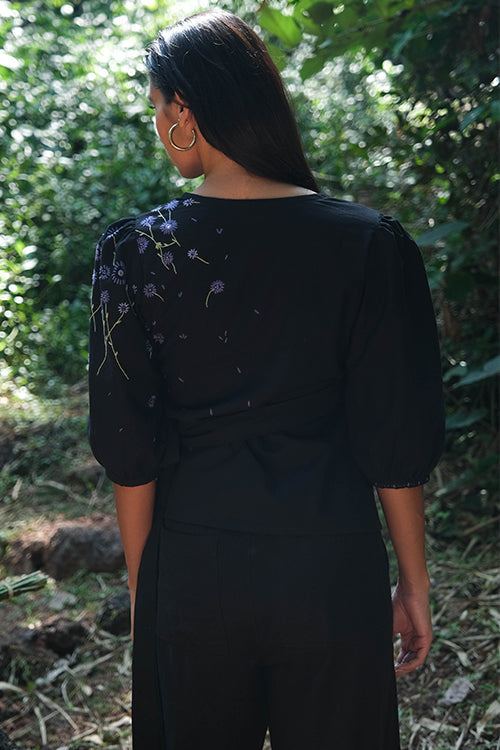 Okhai 'Black Heather' Pure Cotton Hand Embroidered Mirror Work Wrap Top | Relove