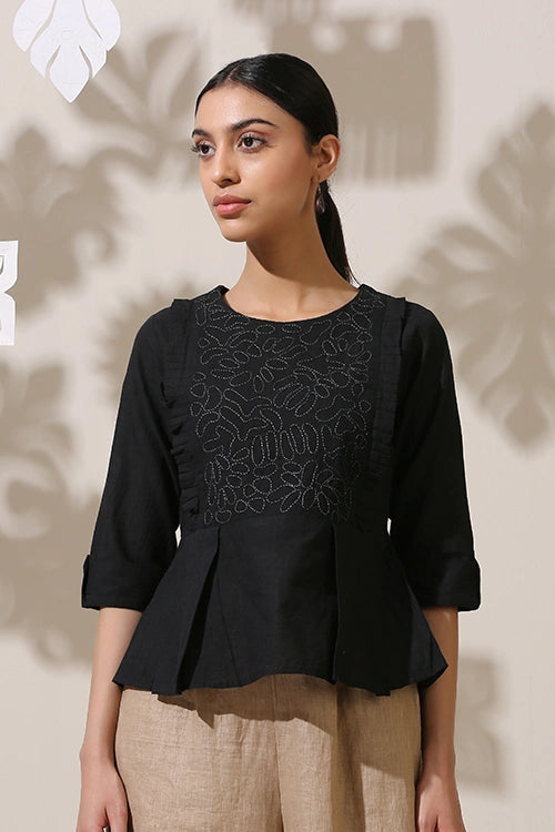 Okhai 'Black Oak' Applique Work Hand Embroidery Work Top