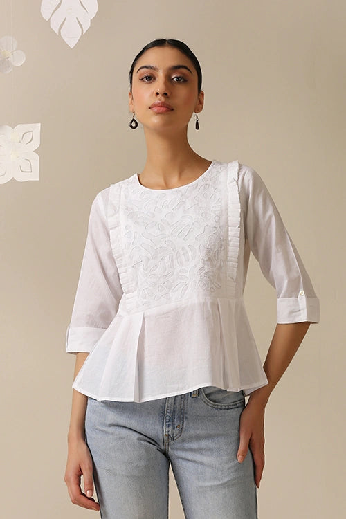 Okhai 'Kanso' Pure Cotton Applique Work Hand Embroidery Work Top