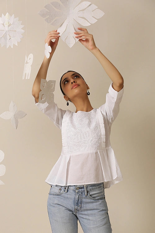 Okhai 'Kanso' Pure Cotton Applique Work Hand Embroidery Work Top