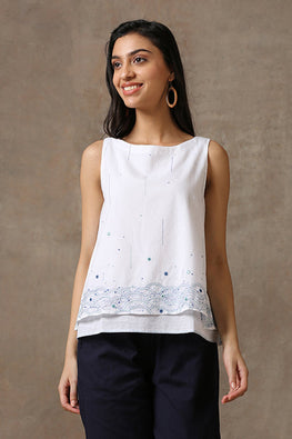 Okhai 'Misty Monsoon' Pure Cotton Hand Embroidered Mirror Work Top | Relove