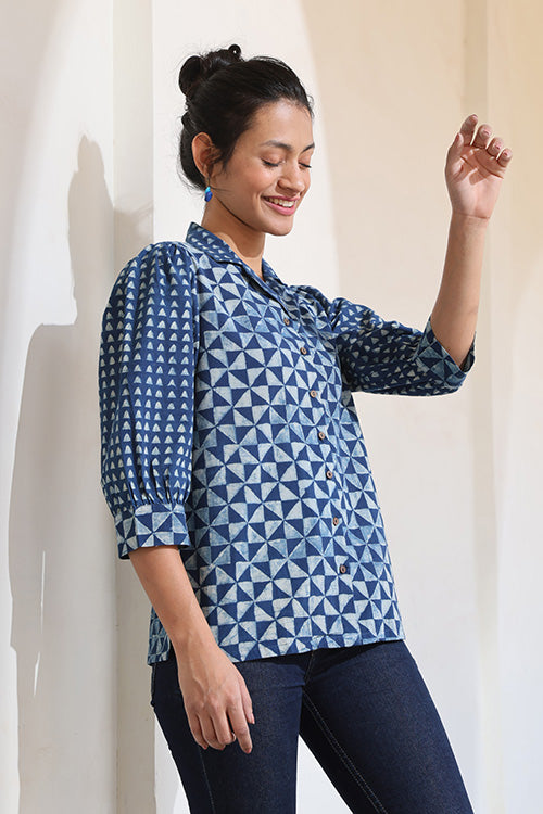 Okhai 'Blue Symmetry' Pure Cotton Hand Block Printed Top