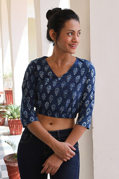 Okhai 'Indigo Paisley' Pure Cotton Hand Embroidered Hand Block Printed Top