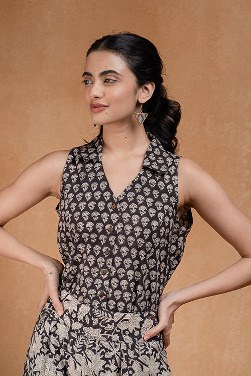 Okhai "Acacia" Handblock Printed Pure Cotton Sleeveless Collared Top
