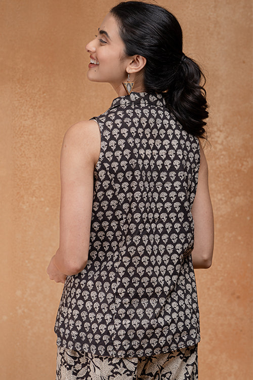 Okhai "Acacia" Handblock Printed Pure Cotton Sleeveless Collared Top