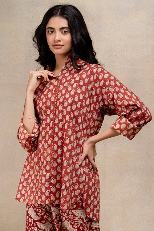 Carmine Red Pure Cotton Handblock Printed Shirt For Women Online