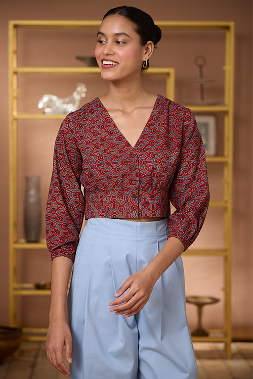Scarlet Haze Handblock Printed Ajrakh Pure Cotton V Neck Top
