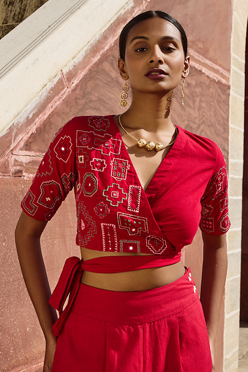 トップス Ameri INDIA PRINT TURN OVER BLOUSE 2way Nagara Mirrorwork Pure Cotton Hand Embroidered Wrap Top For Women