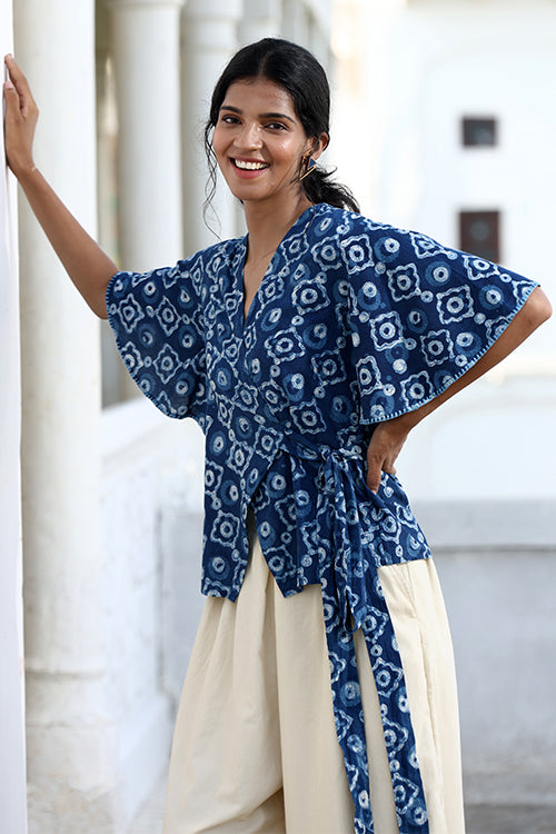 Okhai "Starry Eyes" Hand-Embroidered Pure Cotton Indigo Wrap Top