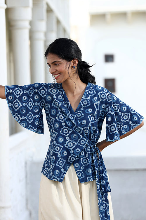 Okhai "Starry Eyes" Hand-Embroidered Pure Cotton Indigo Wrap Top