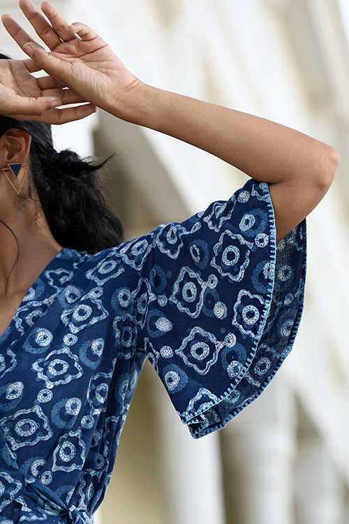 Okhai "Starry Eyes" Hand-Embroidered Pure Cotton Indigo Wrap Top