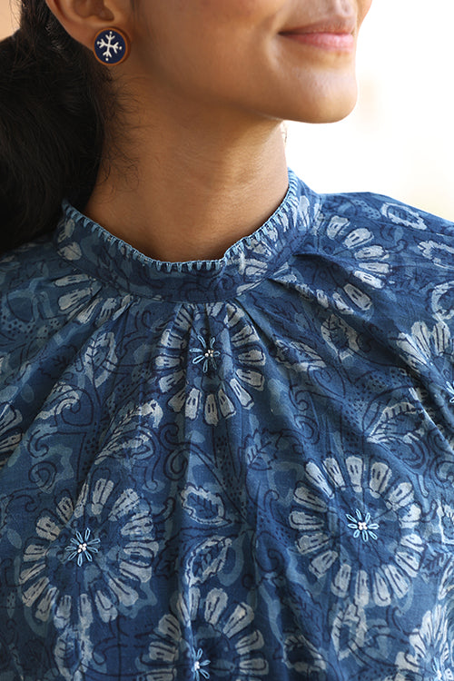 Okhai "Sky Blossom" Hand-Embroidered Beadwork Pure Cotton Indigo Top