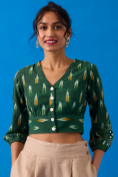 Okhai "Verdine" Hand-Embroidered Mirrorwork Pure Cotton Ikkat Green Top