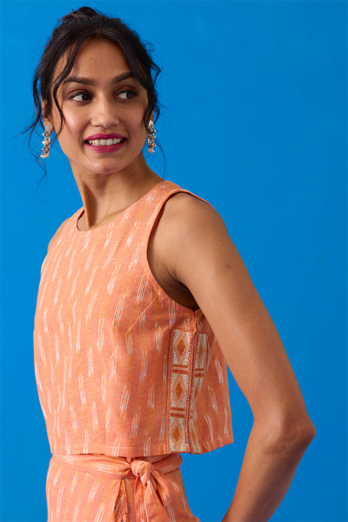 Okhai "Apricot" Hand-Embroidered Pure Cotton Ikkat Peach Top