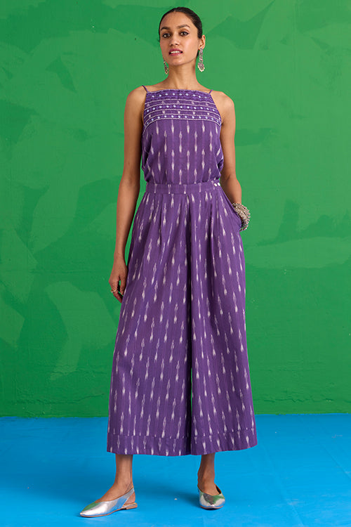 Okhai "Mulberry" Hand-Embroidered Mirrorwork Pure Cotton Ikkat Purple Top