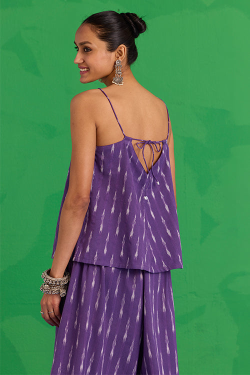 Okhai "Mulberry" Hand-Embroidered Mirrorwork Pure Cotton Ikkat Purple Top