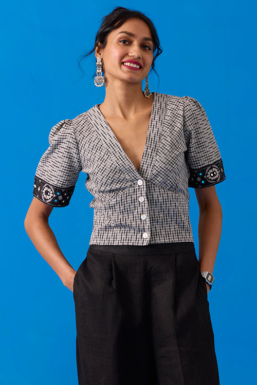 Okhai "Pasapali" Hand-Embroidery and Mirror Work Ikkat Pure Cotton Top