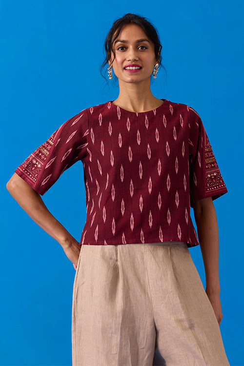 Okhai “Konark ” Hand-Embroidered Bead and Mirror work Ikkat Pure Cotton Top