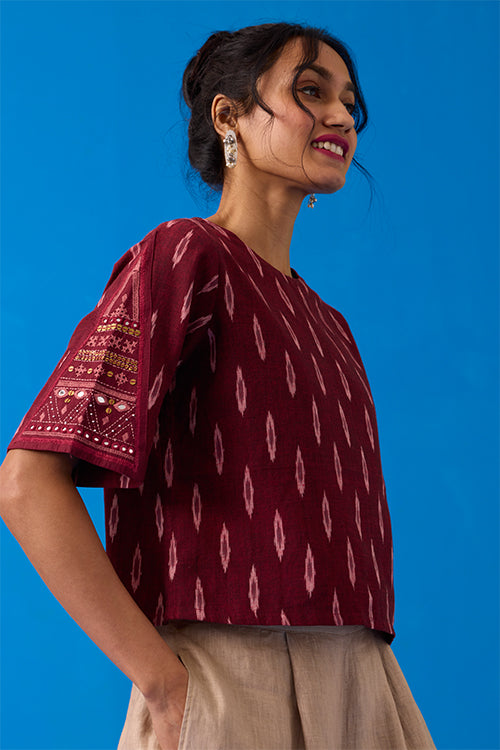 Okhai “Konark ” Hand-Embroidered Bead and Mirror work Ikkat Pure Cotton Top