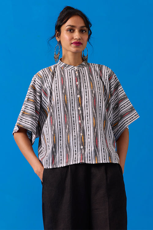 Okhai "Bandha" Hand-Embroidery and Mirror Work Ikkat Pure Cotton Shirt