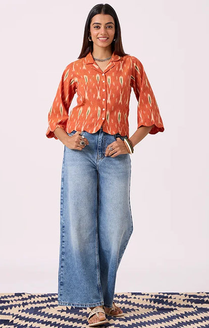Okhai "Scallop" Pure Cotton Ikat Orange Top