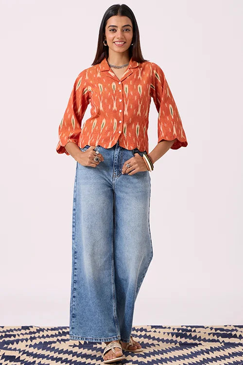 Okhai "Scallop" Pure Cotton Ikat Orange Top