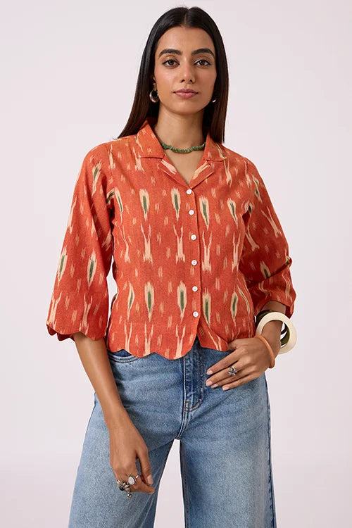 Okhai "Scallop" Pure Cotton Ikat Orange Top