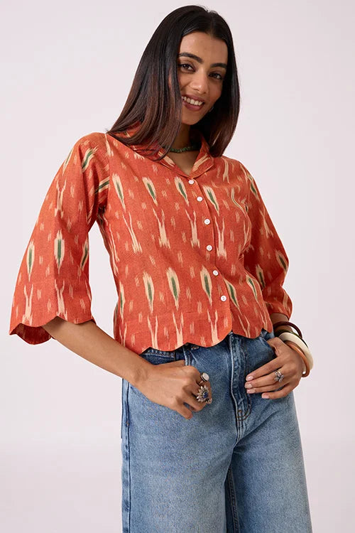 Okhai "Scallop" Pure Cotton Ikat Orange Top