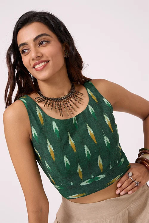Okhai "Meadow" Pure Cotton Ikat Green Sleeveless Top