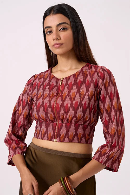 Okhai "Emberline" Pure Cotton Ikat Maroon Top