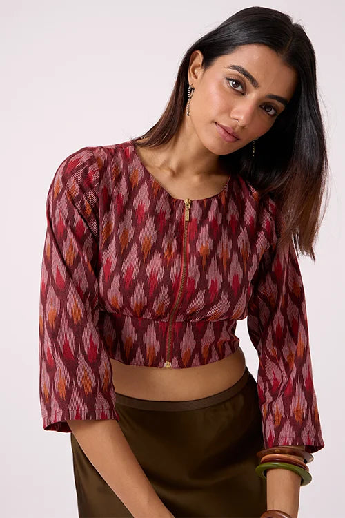 Okhai "Emberline" Pure Cotton Ikat Maroon Top
