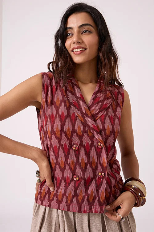 Okhai "Brickline" Pure Cotton Ikat Maroon Short Top