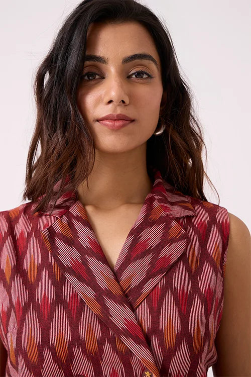 Okhai "Brickline" Pure Cotton Ikat Maroon Short Top