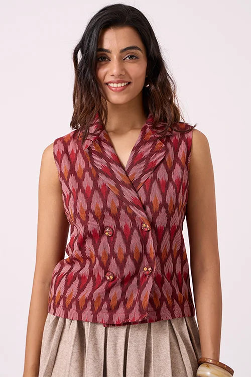 Okhai "Brickline" Pure Cotton Ikat Maroon Short Top