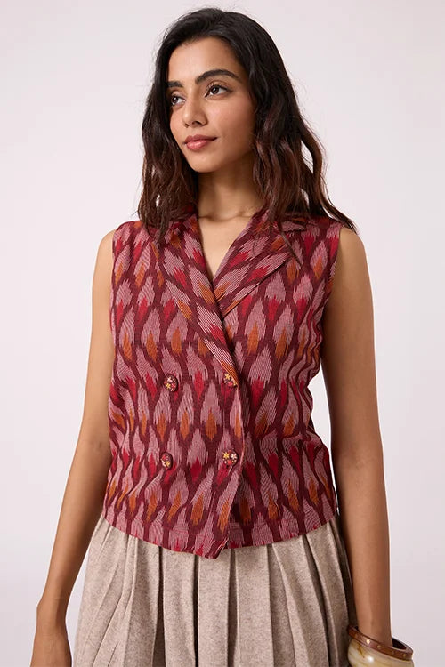 Okhai "Brickline" Pure Cotton Ikat Maroon Short Top