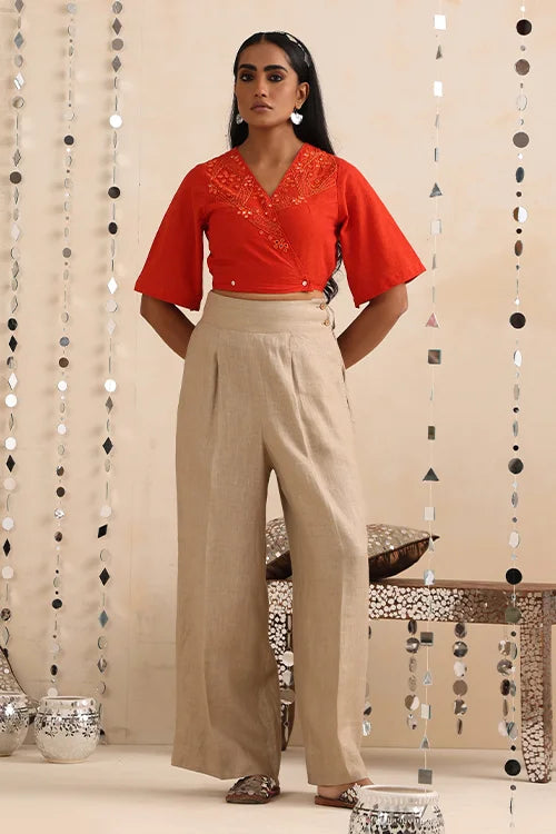 Okhai "Amer" Hand-Embroidered Orange Pure Cotton Wrap Top