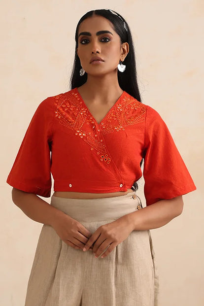 Okhai "Amer" Hand-Embroidered Orange Pure Cotton Wrap Top