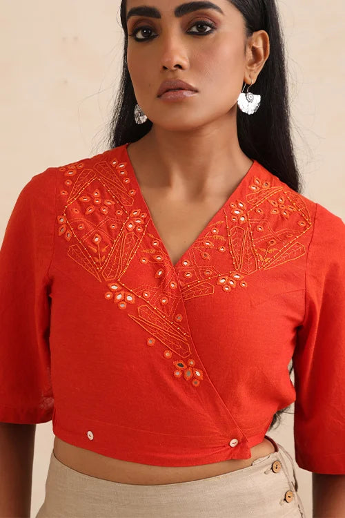 Okhai "Amer" Hand-Embroidered Orange Pure Cotton Wrap Top