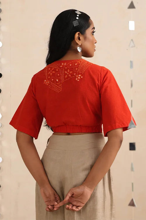 Okhai "Amer" Hand-Embroidered Orange Pure Cotton Wrap Top