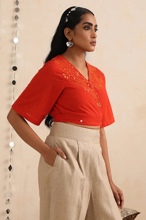 Okhai "Amer" Hand-Embroidered Orange Pure Cotton Wrap Top