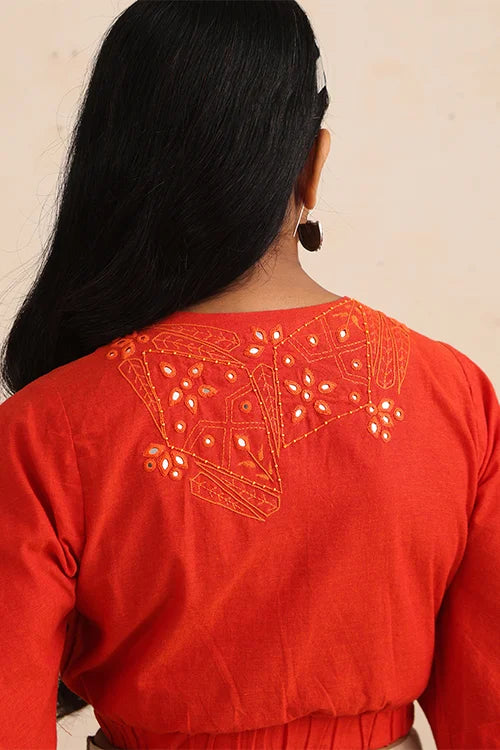 Okhai "Amer" Hand-Embroidered Orange Pure Cotton Wrap Top