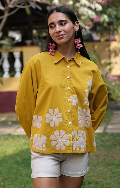 Okhai "Daylight" Hand Applique work Pure Cotton Mustard Shirt